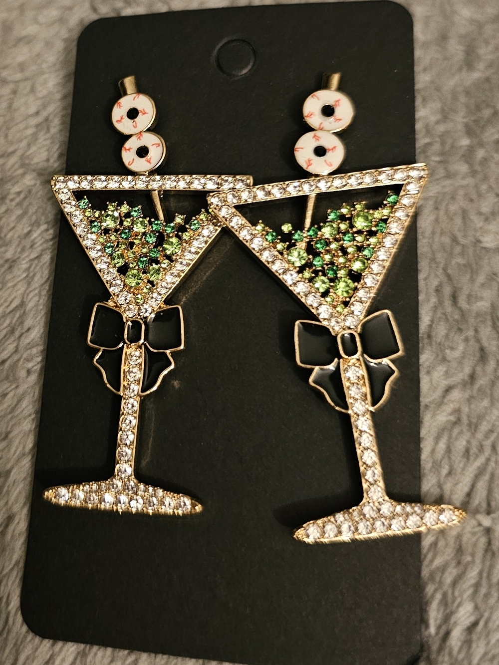 Gold Martini Glass Statement Earrings with Green Crystal Accents